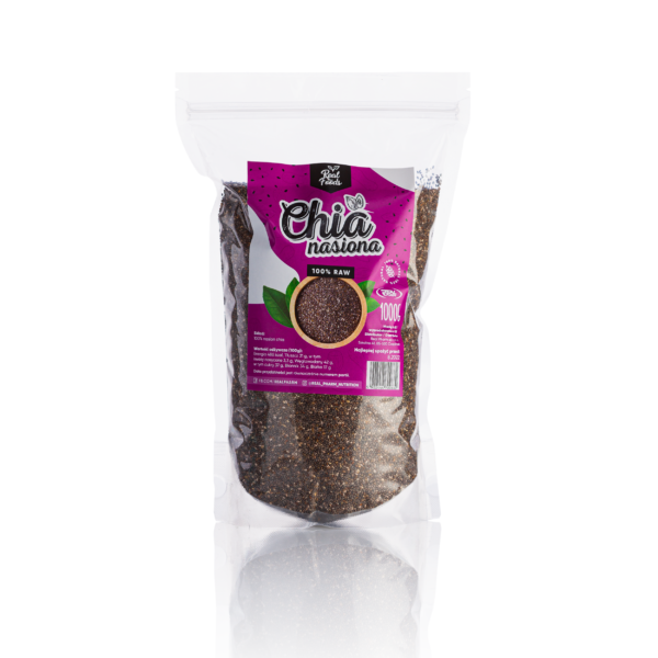 Chia nasiona szałwia hiszpańska z realfoods. W dużym przezroczystym opakowaniu znajduje się 1000g produktu.