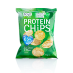 Proteinowe keto chipsy o smaku śmietankowo-cebulowym z firmy NOVO. Zielona paczka z chipsami.