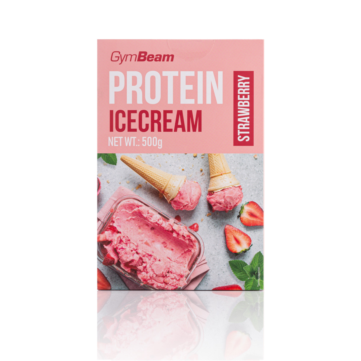 Lody Proteinowe Keto o smaku truskawkowym z firmy GymBeam. W jednym opakowaniu znajduje się 500g produktu do stworzenia lodów.