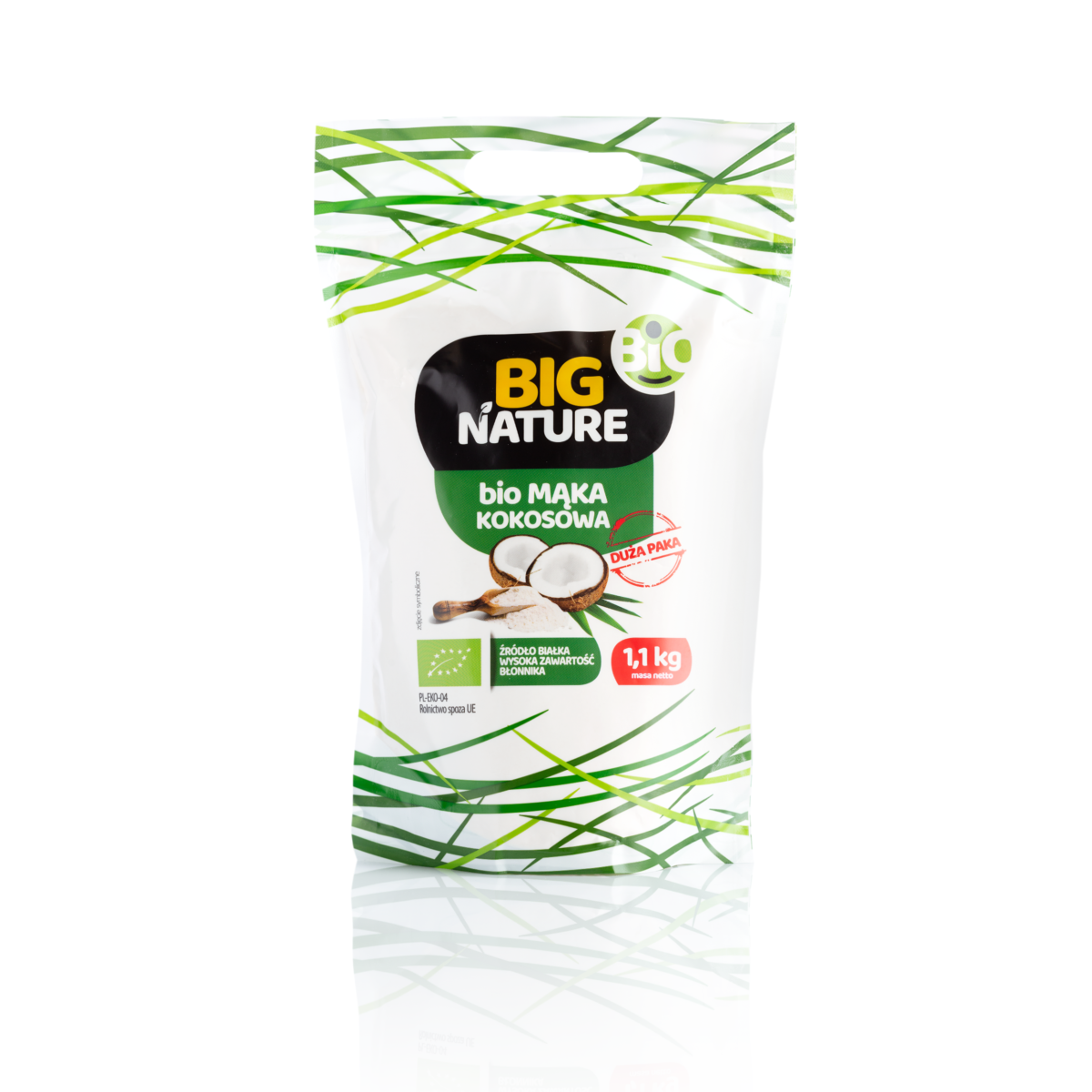 Mąka Kokosowa BIO z Big Nature. W zielono-białym opakowaniu znajduje się 1,1kg produktu.