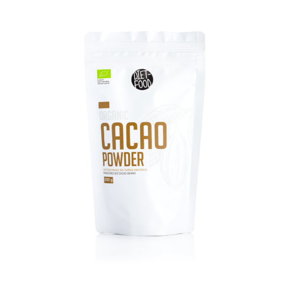 Bio Kakao w proszku w białym opakowaniu od firmy Diet Food