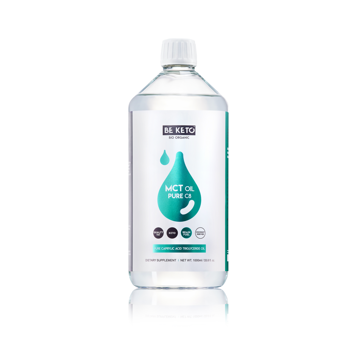 Olej MCT C8 100% od BeKeto. W plastikowej butelce z dużą etykietą znajduje się 1000ml produktu.