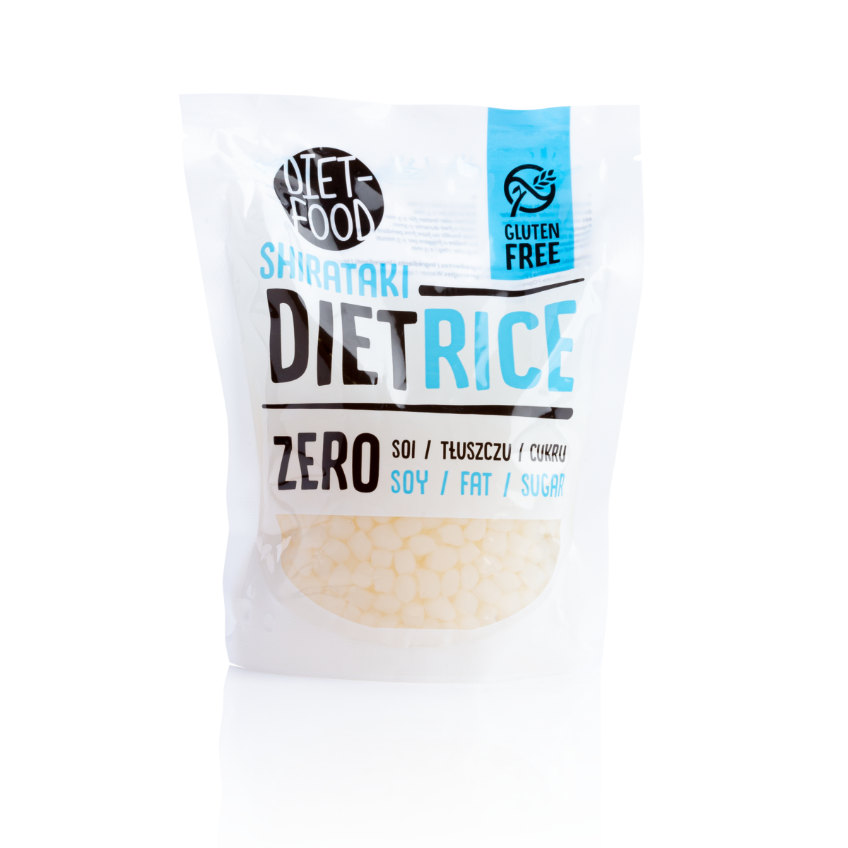 Ryż Zero Konjac z firmy Diet Food. Białe opakowanie z niebieskimi elementami.