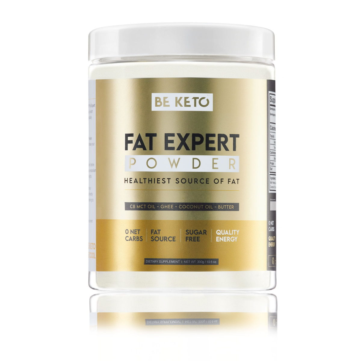 Produkt od BeKeto w pięknej złotej puszce 300g fat Expert Powder.