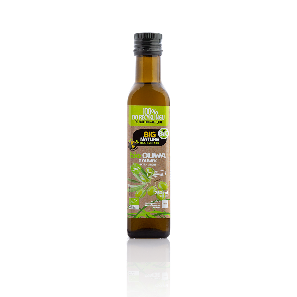 Oliwa z oliwek z Big Nature. W szklanym zaciemnianym opakowaniu Bio oliwa z oliwek Extra Virgin 250ml.