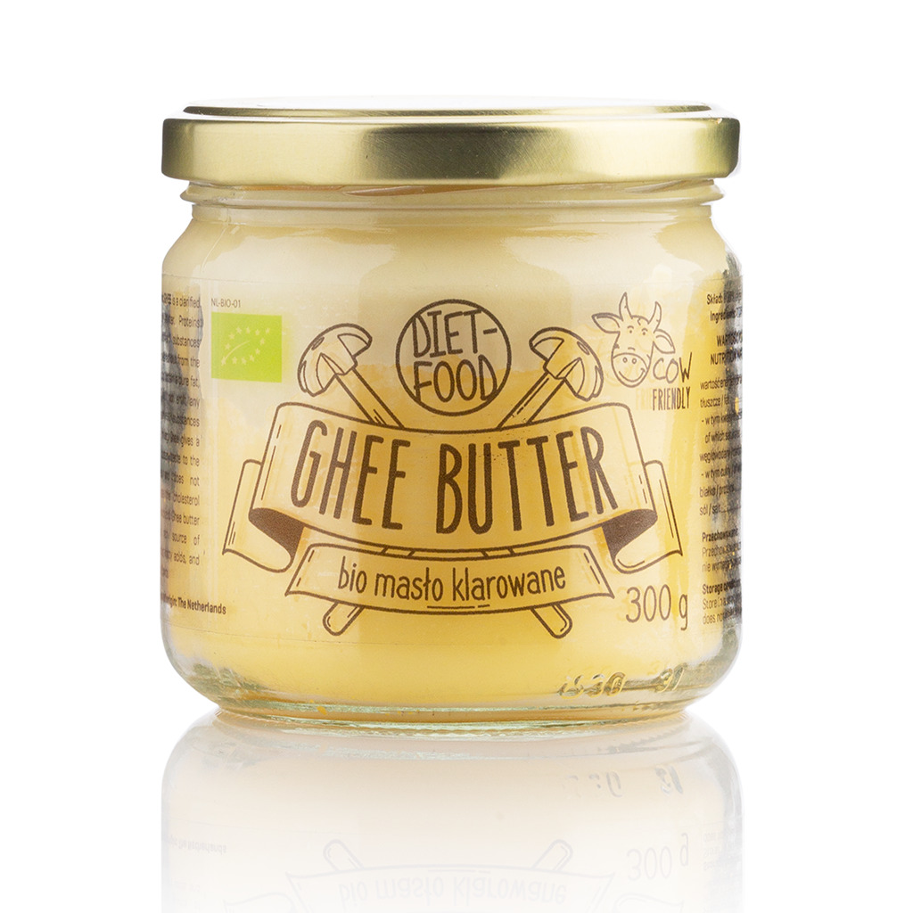masło klarowane GHEE z DIET FOOD. Bio masło pakowane jest w szklany słoiczek, który pomieści 300g produktu.