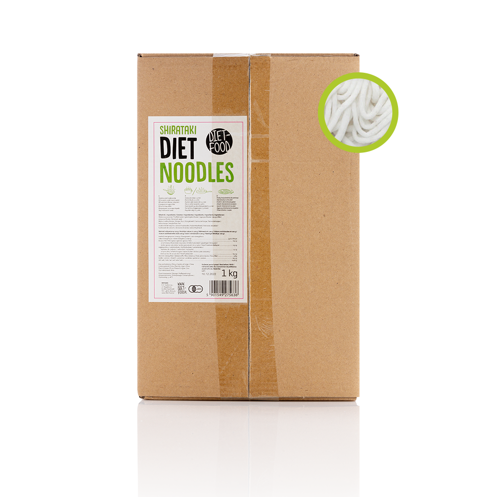 Makron z firmy DIET FOOD. Makaron Konjac noodles pakowany jest w dużym brązowym opakowaniu, które pomieści 1kg produktu.