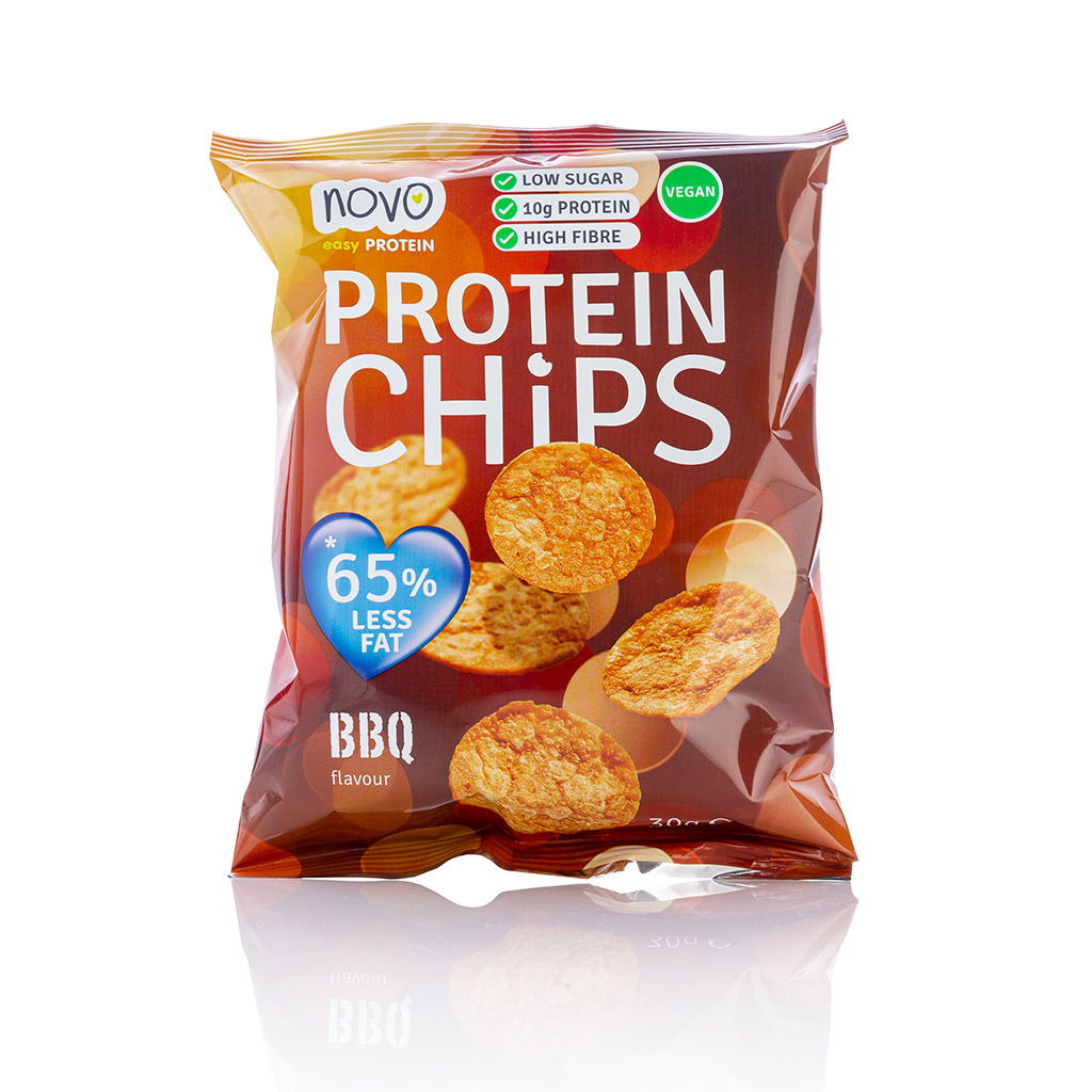 Chipsy proteinowe z Novo. Chipsy są o smaku BBQ, pakowane w paczkach po 30g.