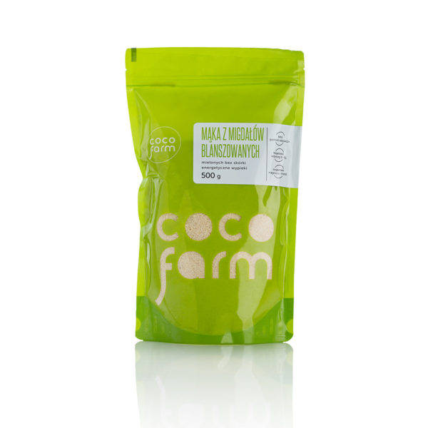 Mąka z migdałów blanszowanych z COCOFARM. W zielonym opakowaniu znajduje się 500g produktu.