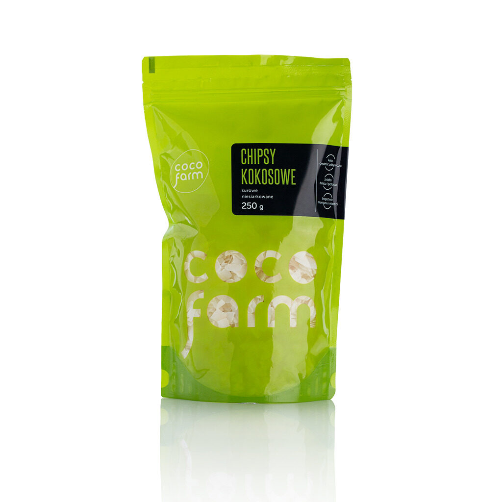 Chipsy kokosowe z COCOFARM. W zielonym opakowaniu znajduje się 250g produktu.