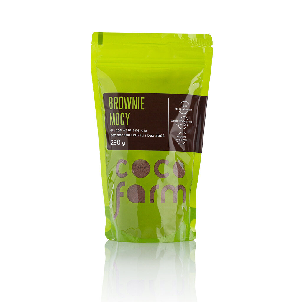 Keto Brownie z COCO FARM. Mieszanka do wypieku keto Brownie zapakowana jest w zielone opakowanie, w którym znajduje się 290g produktu.