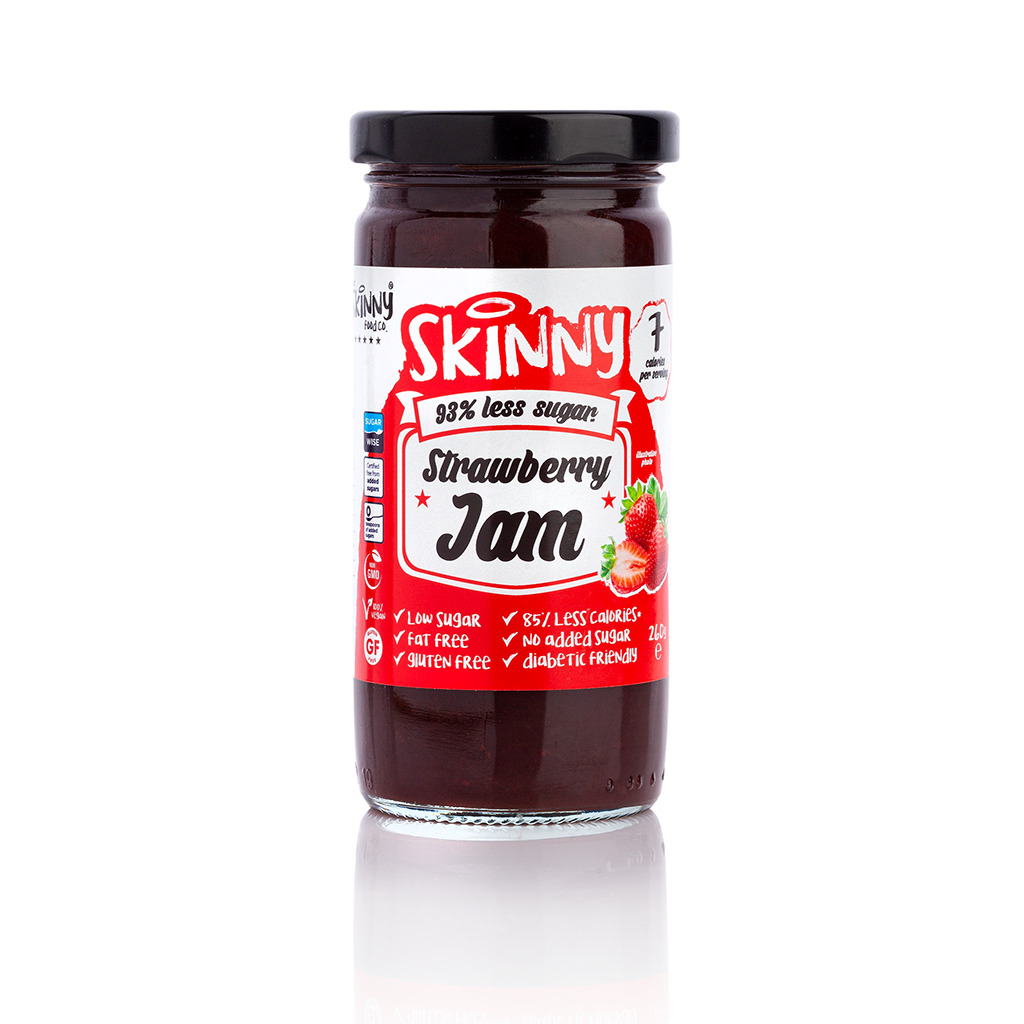 Dżem truskawkowy z The Skinny Food Co. Keto dżem, bez dodatku cukru zapakowany jest w szklany słoik, który mieści 260g produktu.