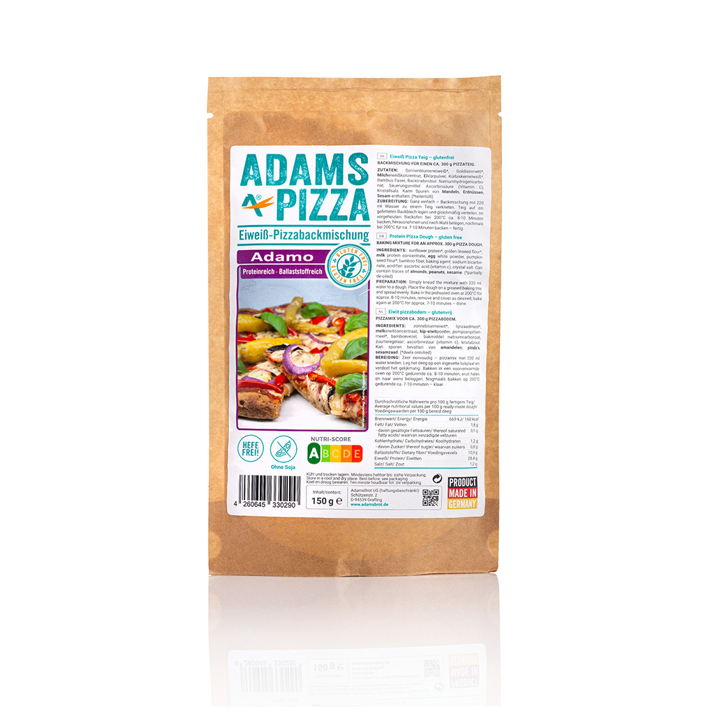 Keto mieszanka do wypieku pizzy z Adams Brot. W jednym opakowaniu znajduje się 150g produktu.