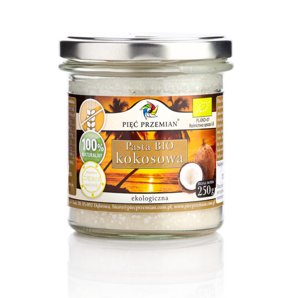 Pasta kokosowa z firmy PięćPrzemian. W szklanym słoiczku znajduje się 250g BIO Pasty Kokosowej.