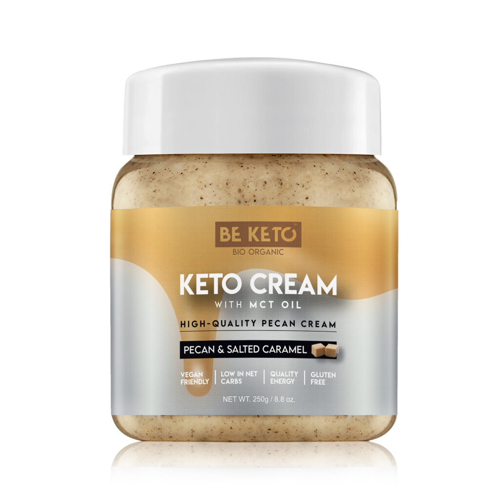 Keto Krem o smaku Pekan&Solony Karmel z firmy BeKeto. W jednym małym plastikowym słoiczku znajduje się 250g produktu.