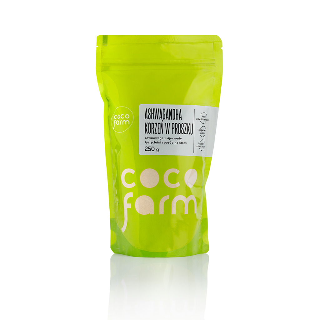 Ashwagandha Korzeń w proszku z COCO FARM. W jednym zielonym opakowaniu znajduje się 250g produktu.
