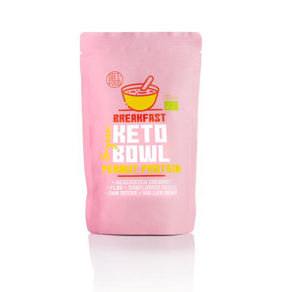 W słodkim różowym opakowaniu znajduje się Keto Bowl o smaku masła orzechowego z firmy DietFood.