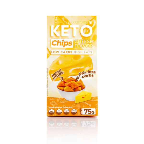 Chipsy o smaku serowym z CiambioLabs. W jednym opakowaniu mieści się 75g keto chipsów.