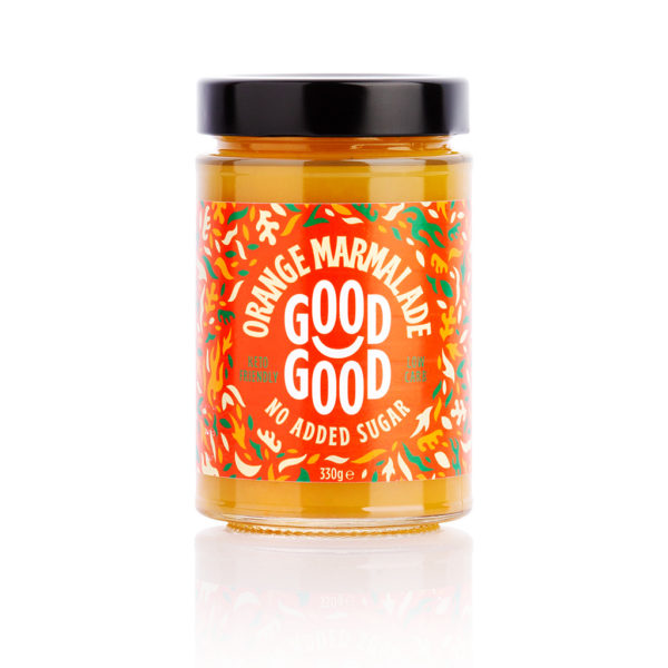 Keto Marmolada z firmy GoodGood o smaku pomarańczowym z jarzębiną. 330g produktu znajduje się w małym szklanym słoiczku z czarną zakrętką.