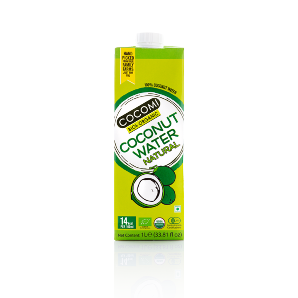 Bio Woda Kokosowa naturalna z firmy Cocomi. W zielonym kartonie znajduje się 1l produktu.