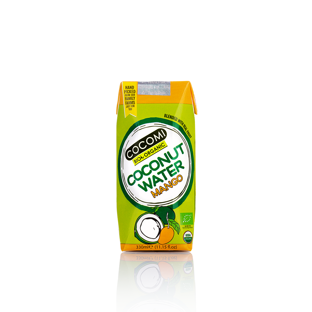 Bio Woda Kokosowa z firmy COCOMI. Woda kokosowa jest o smaku mango, w jednym kartoniku znajduje się 330ml produktu.