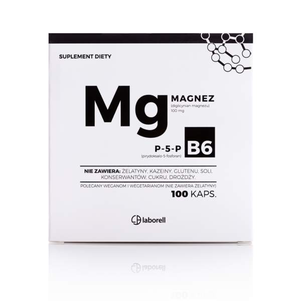 Magnez z Witaminą B6 z firmy Laborell. W kartoniku, znajduje się opakowanie, które mieści 100 kapsułek suplementu diety.