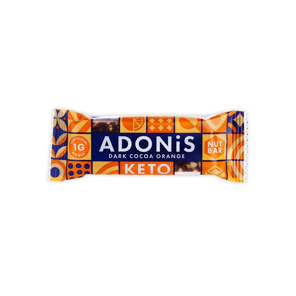 Keto baton o smaku ciemnej czekolady z pomarańczą z firmy ADONIS. W opakowaniu znajduje się 35g keto batonik.