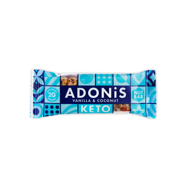 Keto baton waniliowy z kokosem i jagoda acai z firmy ADONIS. W niebieskim opakowaniu znajduje się 35g keto batonik.