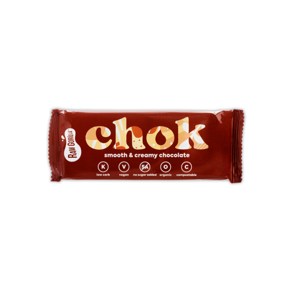 Keto baton z firmy Raw Gorilla. Batonik się nazywa Chok, w opakowaniu jest 35g produktu o smaku kremowej czekolady.