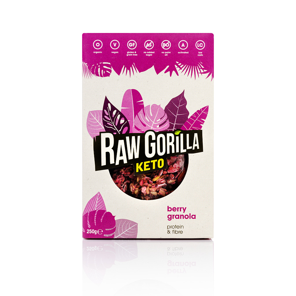 Keto Granola z firmy Raw Gorilla. Granola jest z maliną, pakowana w 250g karton z logo.