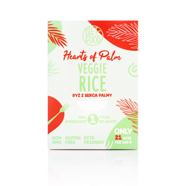 Opakowanie ryżu z firmy DIET-FOOD. Ryż z serca palmy ma opakowanie czerwono-zielone.