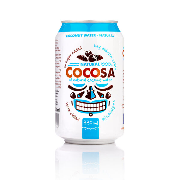 Niebiesko-biała puszka naturalnej wody kokosowej z firmy COCOSA, o pojemności 330 ml