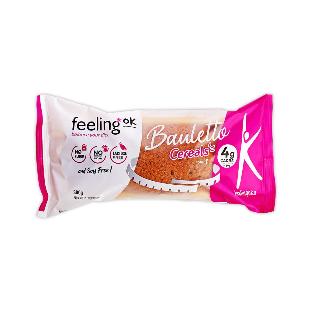 Pieczywo z ziarnami z firmy FeelingOK zapakowane w biało-różowe opakowanie.