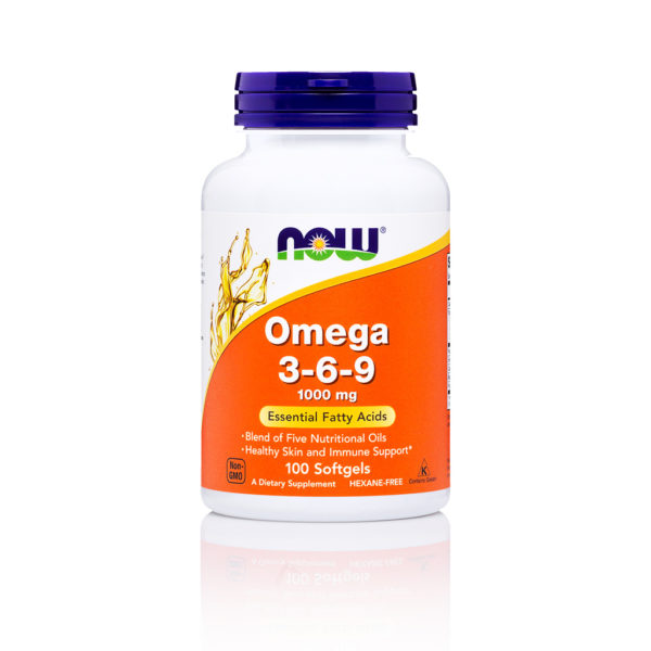 Now Foods Omega 3-6-9 jest suplementem diety. Na zdjęciu słoiczek, w którym znajdują się kapsułki