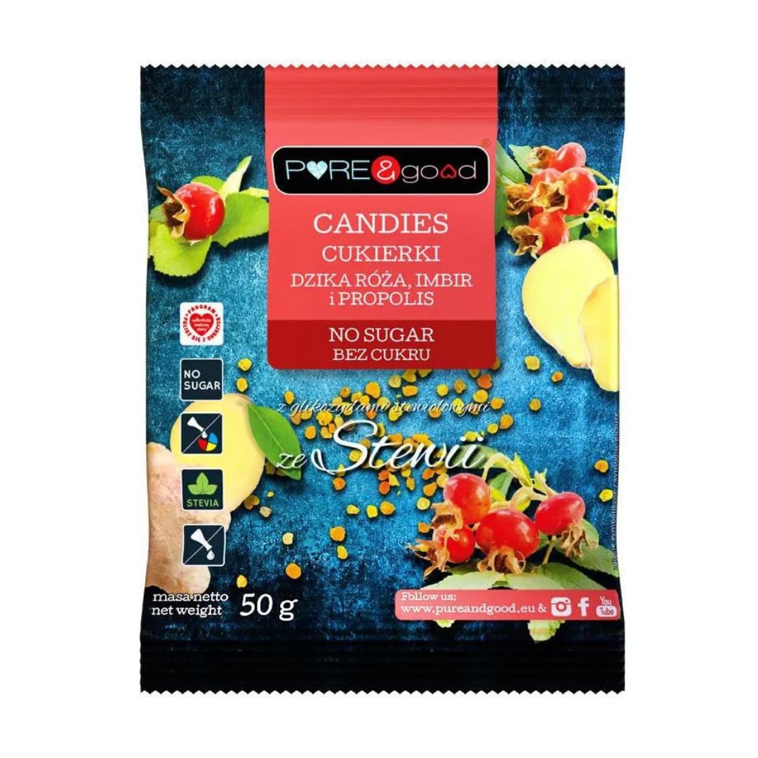 Cukierki z Dziką Różą, Imbirem i Propolisem bez Cukru 50g - Pure&Good