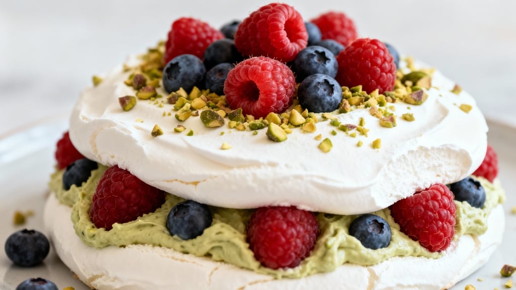 Keto Tort Urodzinowy – Bezowy z Kremem Pistajowym i Owocami
