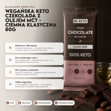 Czekolada Keto Wegańska z Olejem MCT - Ciemna Klasyczna 80g - Beketo