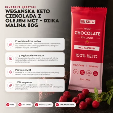 Czekolada Keto Wegańska z Olejem MCT - Dzika Malina 80g - BeKeto