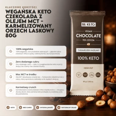 Czekolada Keto Wegańska z Olejem MCT - Karmelizowany Orzech Laskowy 80g - BeKeto