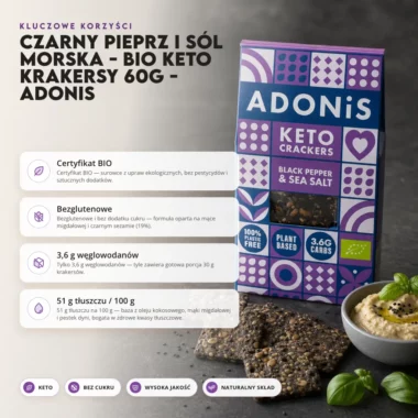 Czarny pieprz i sól morska - BIO keto krakersy 60g - Adonis