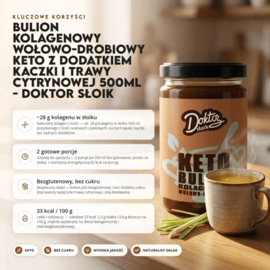 Bulion kolagenowy wołowo-drobiowy KETO z dodatkiem kaczki i trawy cytrynowej 500ml - Doktor Słoik