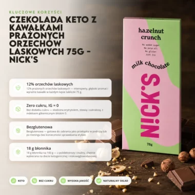 Czekolada Keto z Kawałkami Prażonych Orzechów Laskowych 75g - Nick's