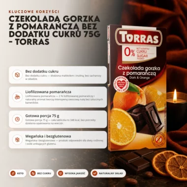 Czekolada gorzka z pomarańczą bez dodatku cukru 75g - Torras